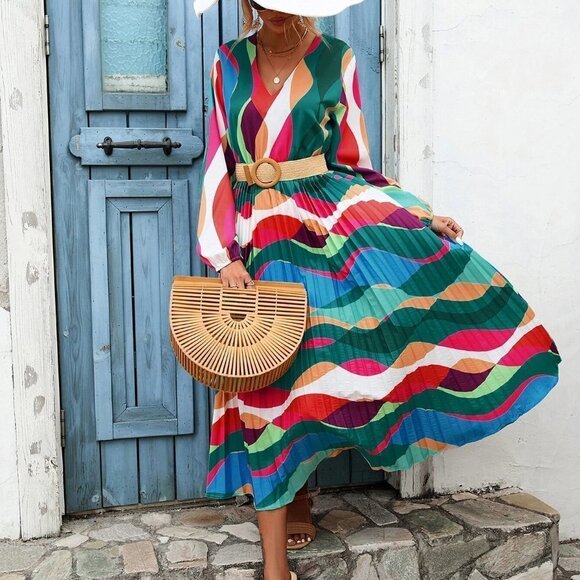 Multicolor Boho Womens All Over Print Lantern Sleeve Pleated Hem Dress - Picture 2 of 5